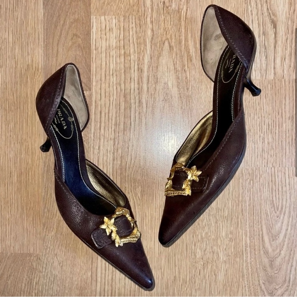 Vintage Prada Kitten Heels | Brown Leather Pointed Toe with Gold Snake Buckle